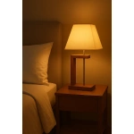 Lampara portátil mesa de luz metal madera y pantalla tela