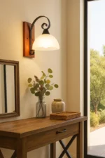 Luminaria aplique madera y hierro con campana de vidrio