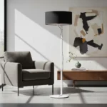 Luminaria Lampara De Pie Industrial Blanco Pantalla Tela Negro