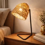 Lampara Portatil Veladora Living Dormitorio En Fibra Natural Y base Metalica