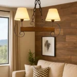 Colgante Hierro Y Madera Pantallas De Tela Rustico 2 Pantallas