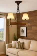 Colgante Hierro Y Madera Pantallas De Tela Rustico 2 Pantallas