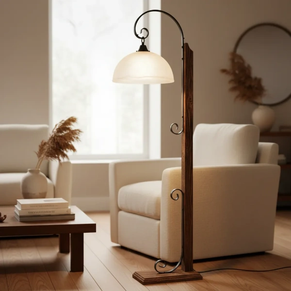 Lampara De Pie Portátil Hierro Madera Maciza Campana Vidrio