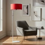 Luminaria Lampara De Pie Industrial Blanco Pantalla Tela Rojo