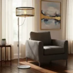 Portátil Lampara De Pie Industrial Blanco Con Pantalla De Malla Negro