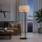 Luminaria Lampara De Pie Industrial Negro Pantalla Tela Gris