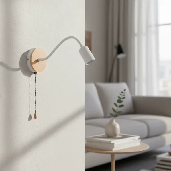 Aplique De Hierro Curvo Blanco Con Interruptor De Cadena Detalle En Madera