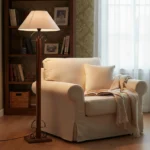 Lampara de pie madera y hierro con pantalla de tela