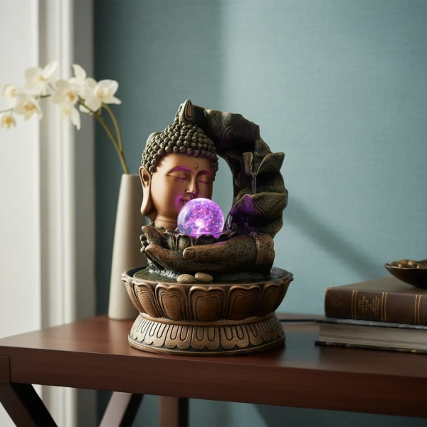 Fuente De Agua Meditación Relax 28 Cm Con Luz Resina Buda