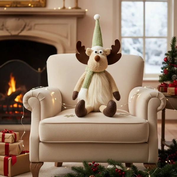 Muñeco Reno Navidad Peluche 40cm Gorro Y Bufanda Navideño Verde