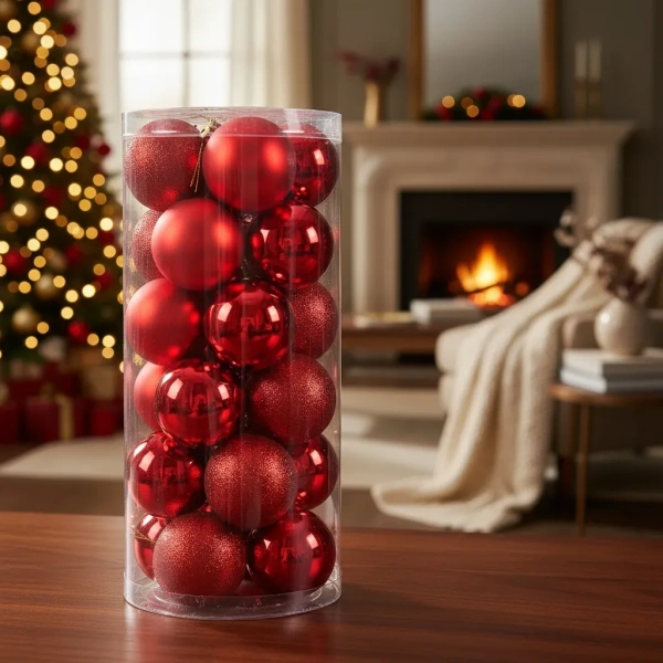Set 24 Chirimbolo Adorno Navidad 6cm Glitter Brillante Opaco Rojo