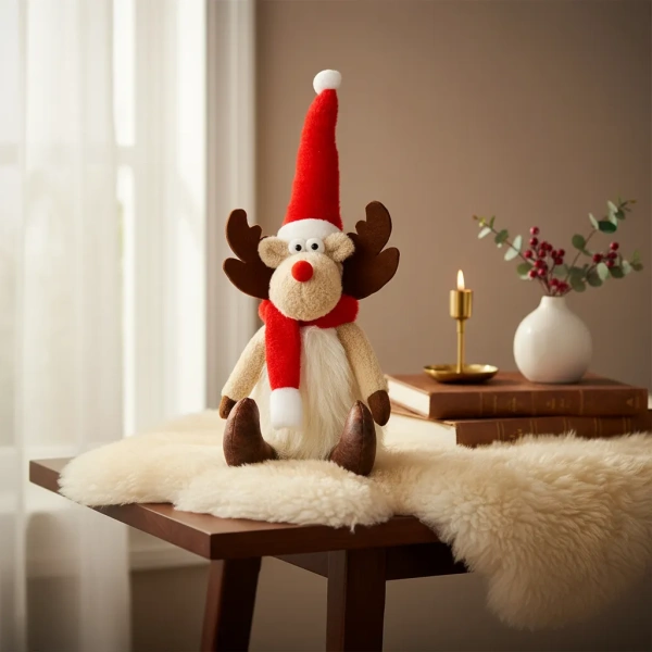 Muñeco Reno Navidad Peluche 40cm Gorro Y Bufanda Navideño Rojo