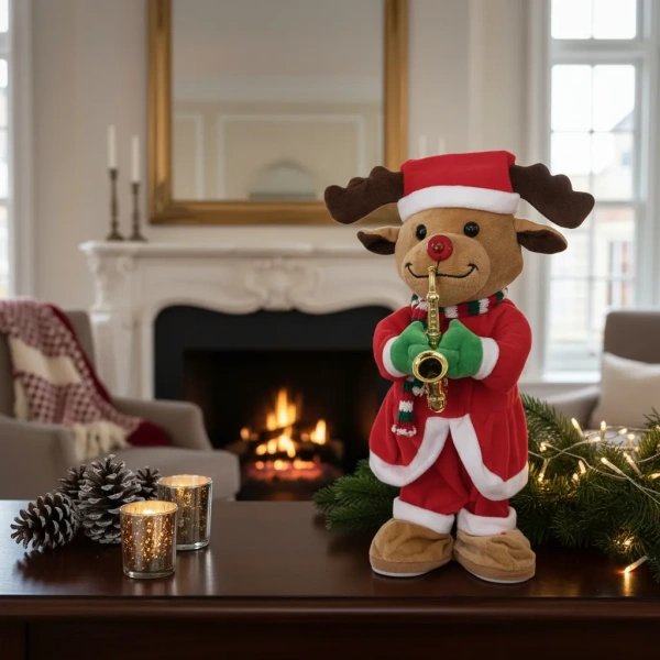 Adorno Muñeco Reno 40 Cm Navidad  Con Luces Música Y Movimiento