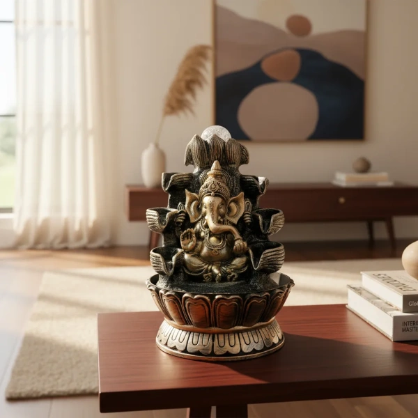 Fuente De Agua Meditación Relax 28 Cm Con Luz Resina Ganesha