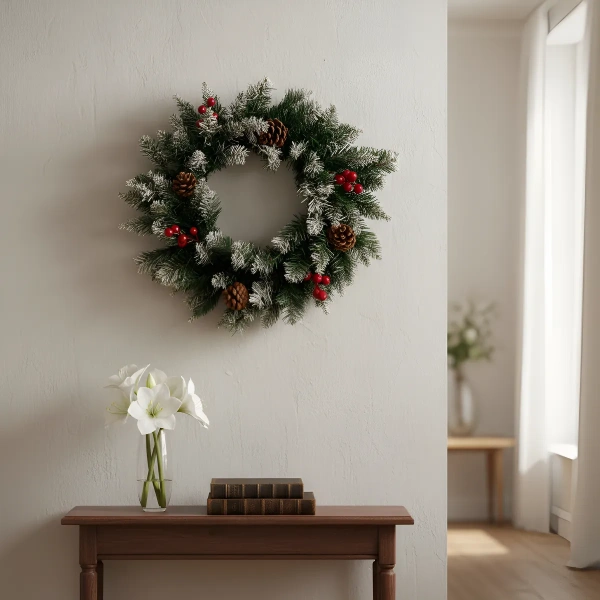 Corona Navideña Pino De Navidad Cerezos Piñas 40cm 80 Ramas
