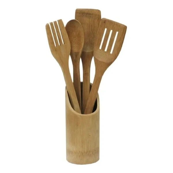 Juego De Menage Bambú 4 Piezas Con Soporte Utensilios