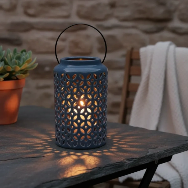 Farol Fanal Cerámica 18cm Alto Decoración Interior Exterior Azul