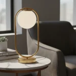 Lampara Portátil Mesa De Luz Aluminio Pantalla Globo Vidrio Dorado Blanco - Imagen 4