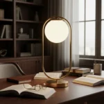 Lampara Portátil Mesa De Luz Aluminio Pantalla Globo Vidrio Dorado Blanco - Imagen 3