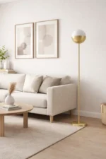 Lampara Pie Portátil Aluminio Globo De Vidrio Minimalista Blanco Dorado - Imagen 2