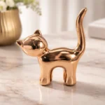 Escultura De Gato Bronce Dorado Adornos Cerámica Metalizado Gatito Suerte