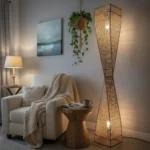 Lampara Pie Fibra Natural Artesanal Torneada Doble Luz 150cm