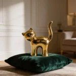 Escultura De Gato Dorado Adornos Cerámica Metalizado Gatito Suerte