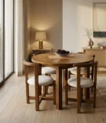 Comedor Nórdico Redondo 4 Sillas Tapizadas En Madera Maciza - Imagen 3