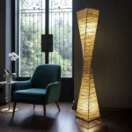 Lampara Pie Fibra Natural Artesanal Torneada Doble Luz 150cm