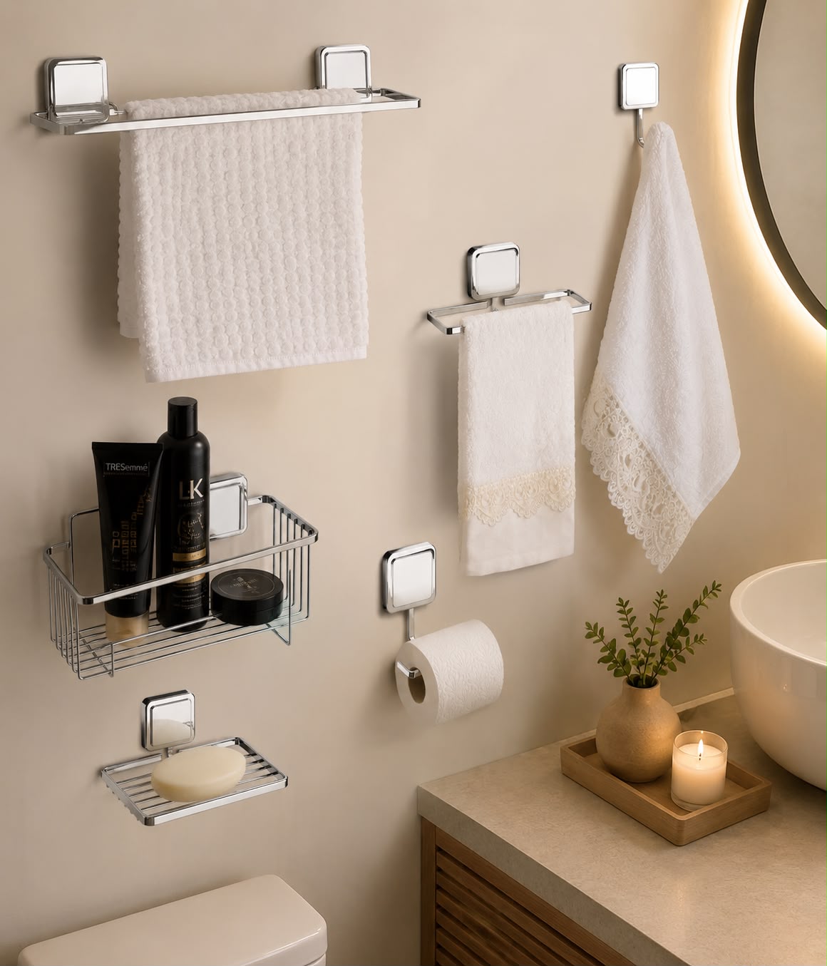 a Juego Set 6 Accesorios para el Baño de Adhesivo Acero con 2 años de garantía Plateado - Imagen 1
