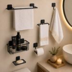 Juego Set 6 Accesorios para el Baño de Adhesivo Acero con 2 años de garantía Negro