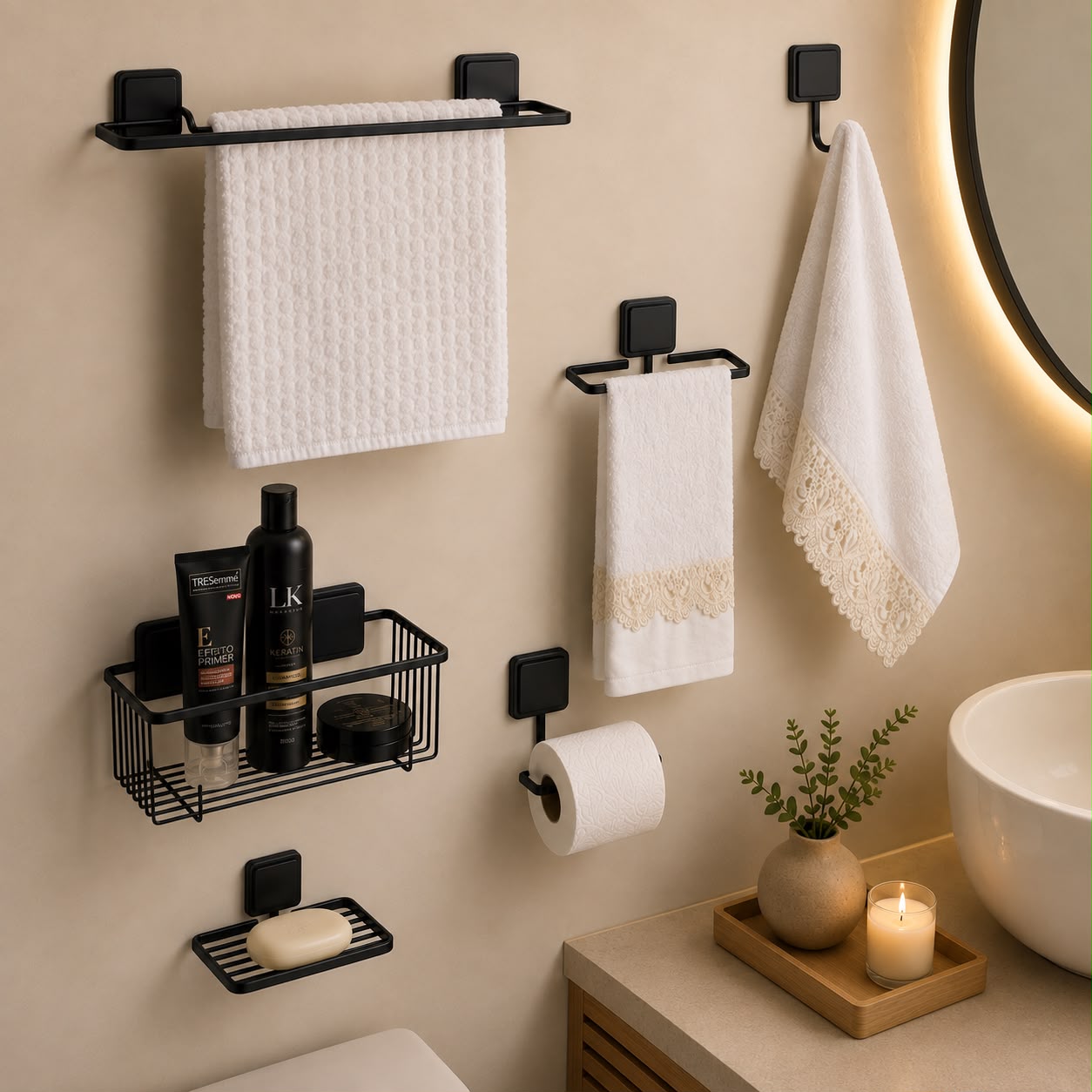 b Juego Set 6 Accesorios para el Baño de Adhesivo Acero con 2 años de garantía Negro - Imagen 1