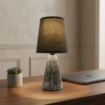 Lámpara Veladora De Mesa Cerámica Gris Con Pantalla Tela Moderna