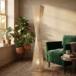 Lampara Pie Fibra Natural Artesanal Macrame Doble Luz 150cm