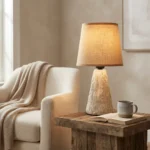 Lámpara Veladora De Mesa Cerámica Beige Con Pantalla Tela Moderna