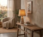 Lámpara Veladora De Mesa Cerámica Beige Con Pantalla Tela Moderna - Imagen 5