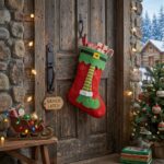 Calcetín Bota Navideña De Tela Diseño Duende Navidad 42x26  Rojo