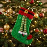 Calcetín Bota Navideña De Tela Diseño Duende Navidad 42x26  Verde