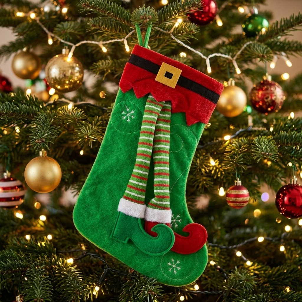 WhatsApp Image 2026-10-19 at 3.29.20 PM (1) Calcetín Bota Navideña De Tela Diseño Duende Navidad 42x26 Verde - Imagen 1
